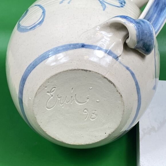 Vintage Custom Pottery Pitcher w/Unique Flip Bottom Handle Artist Signed Erin 98 - Picture 10 of 12